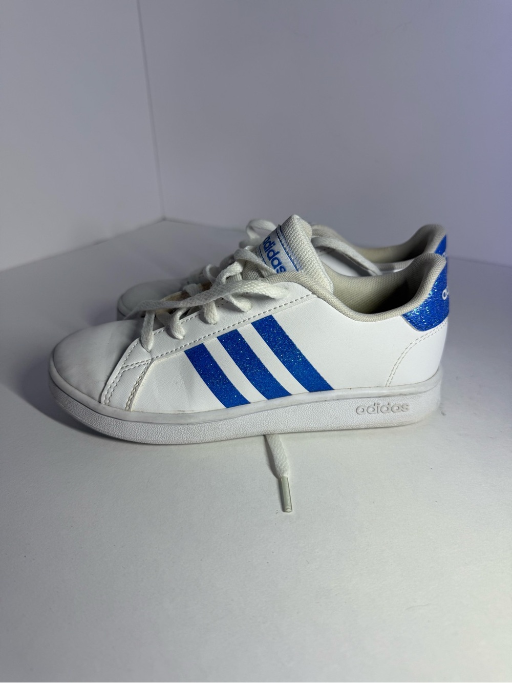 adidas Kids White Sneakers with Bright Blue Stripes